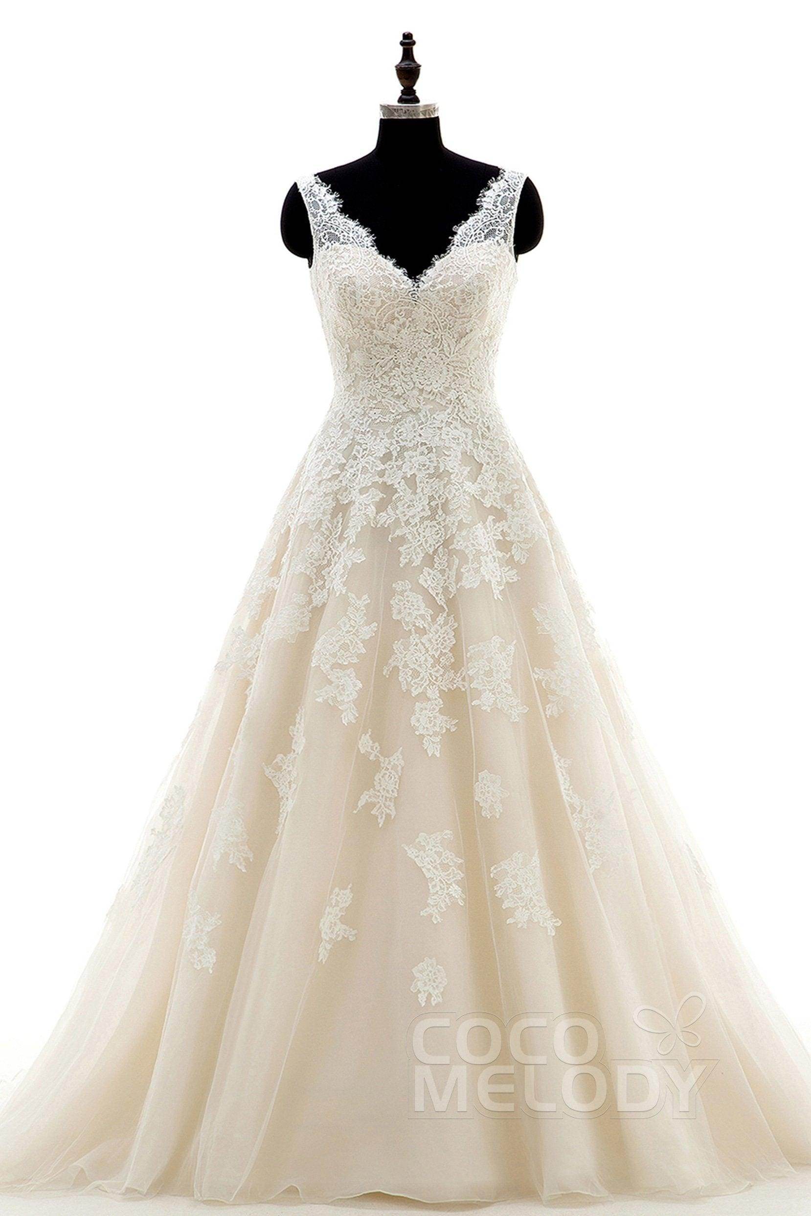 A-Line Court Train Tulle and Lace Wedding Dress CWAT16004 - COCOMELODY